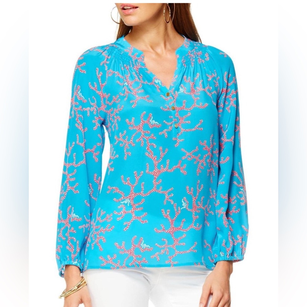 Lilly Pulitzer Women’s Elsa Silk Top, Coral Reef Blue, SZ: S